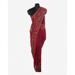 Berry Red Sozni Hand Embroidered Crepe Saree