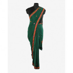 Dark Emerald Green Chinar Sozni Hand Embroidered Crepe Saree