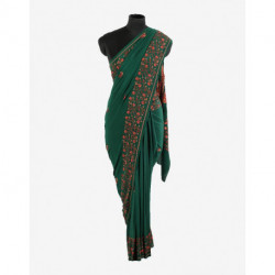 Dark Emerald Green Paisley Hand Embroidered Crepe Saree