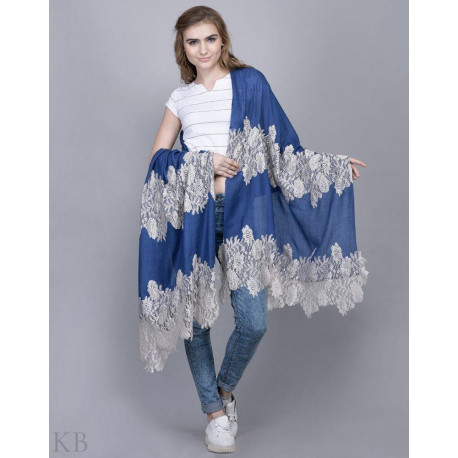 Blue Laced Silk Wool Stole