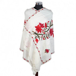 Pure Woolen White Flower Design Embroidered Stole