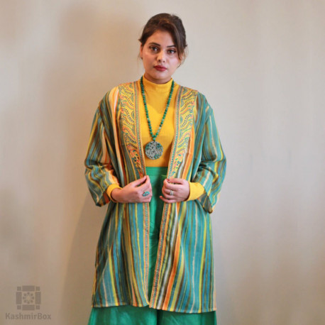 Green Stripe Embroidered Georgette Shrug
