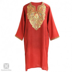 Crimson Red Paisley Embroidered Wool Phiran