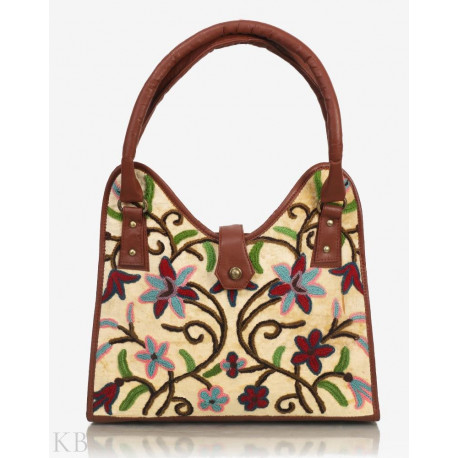 Cream Clovered Embroidered Hand Bag